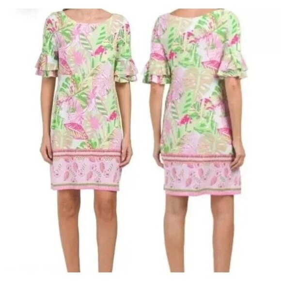 NWT Pappagallo Erika Flutter Sleeve Tropical Shift Dress Medium M Green Pink - Picture 1 of 11